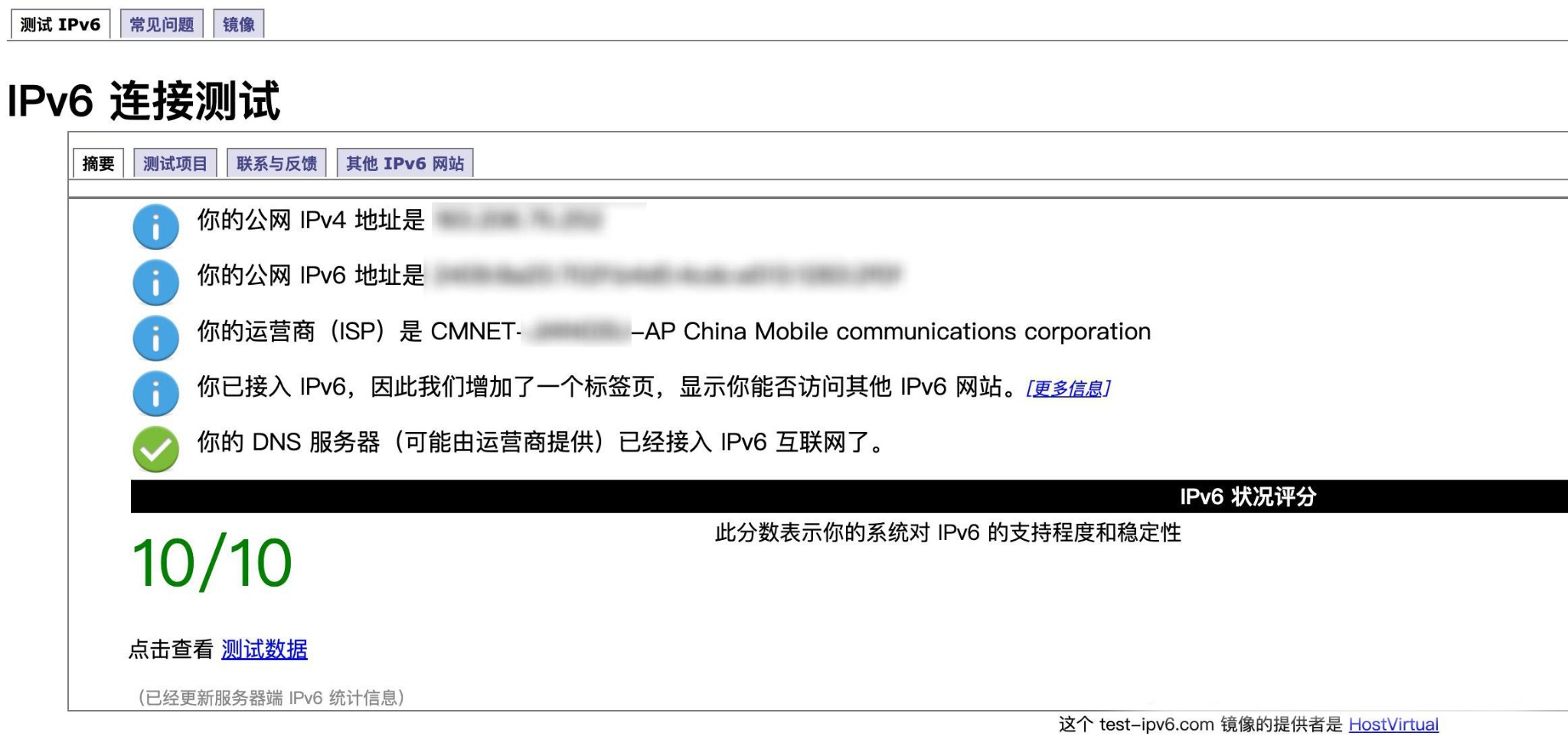 IPv6 網絡測試通過後的結果頁面示意圖